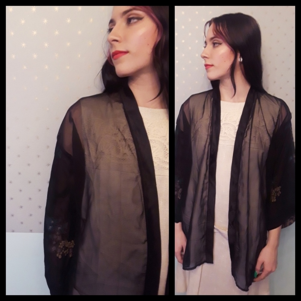 Vtg 70s sheer black robe jacket painted flowers